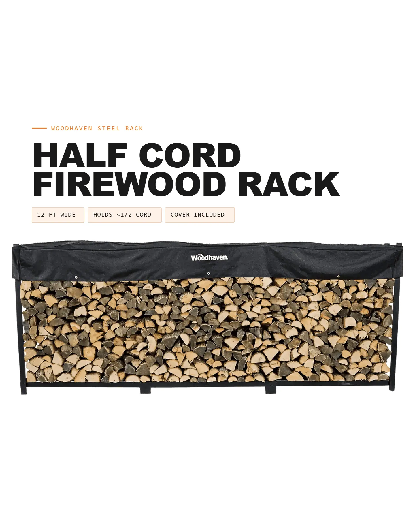 12ft half cord firewood rack with black cover, stacked with split hardwood, black steel frame.
