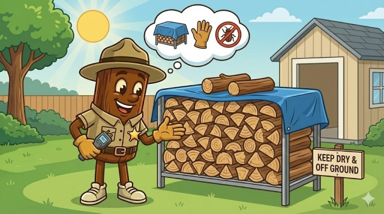 How should homeowners store firewood