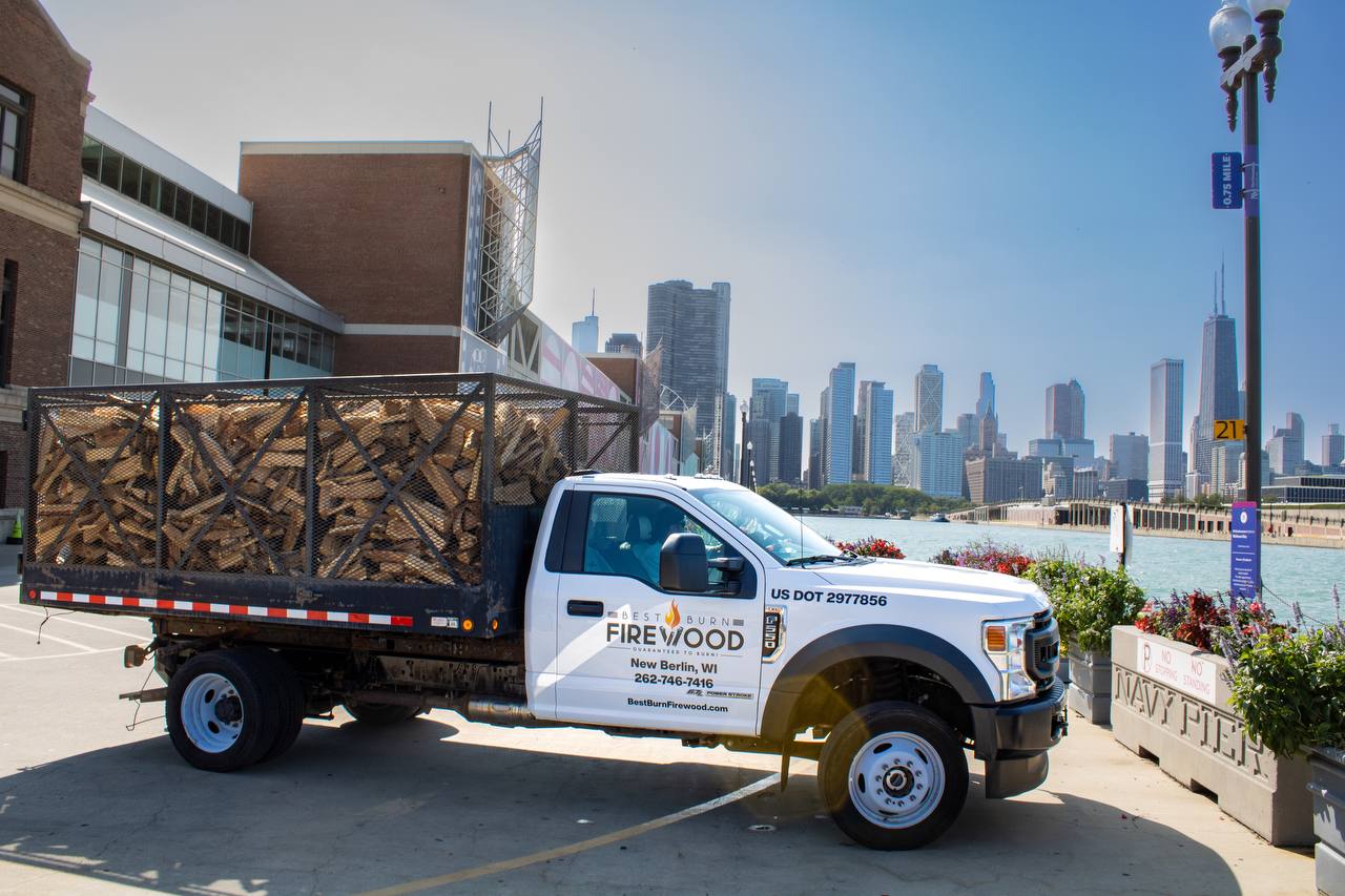 Best Burn Firewood Chicago delivery truck at Navy Pier with Chicago skyline