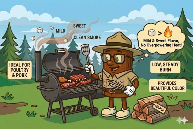 cooking and smoking meat with maple firewood over a grill