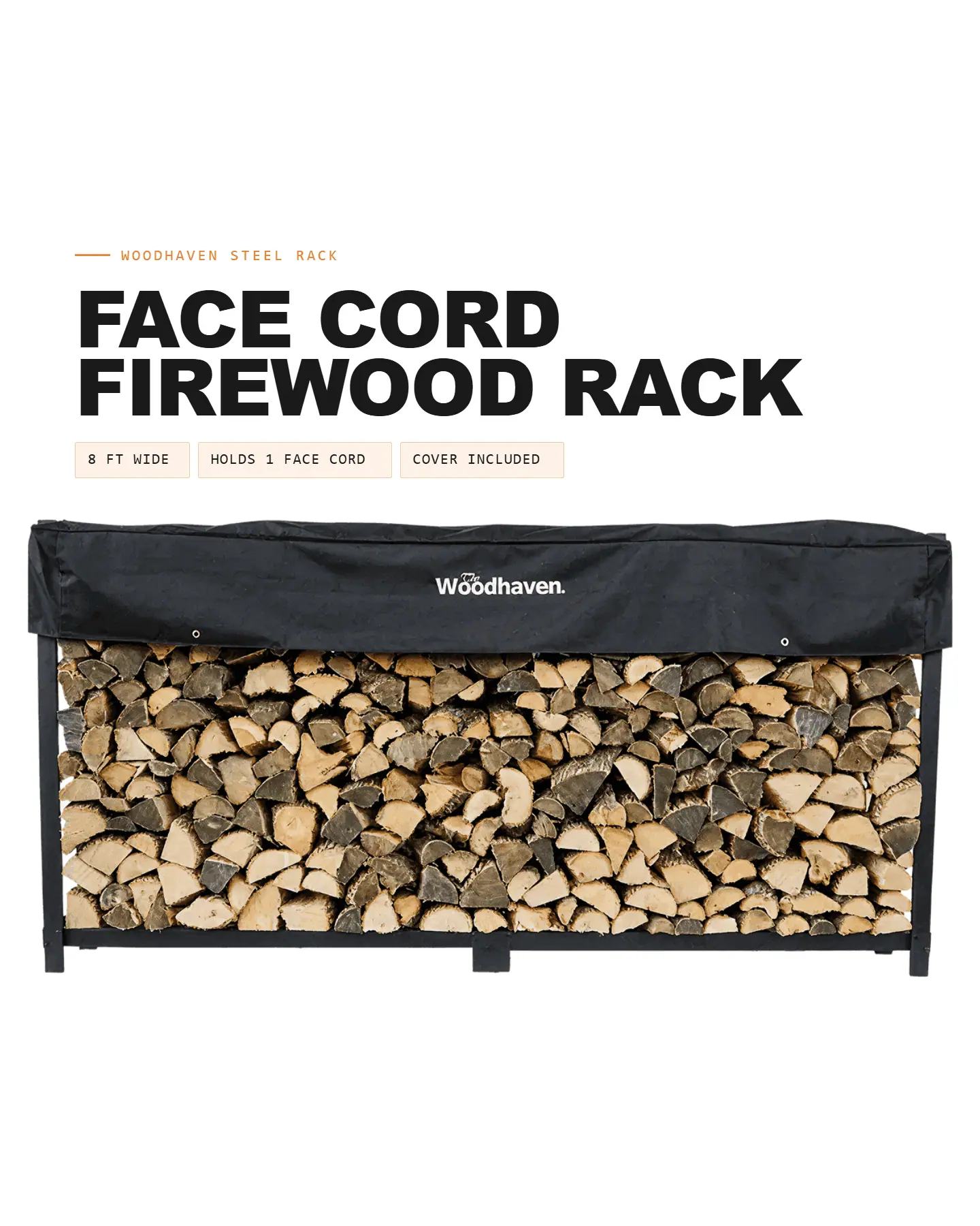 8ft face cord firewood rack with black cover, stacked with split hardwood, black steel frame.