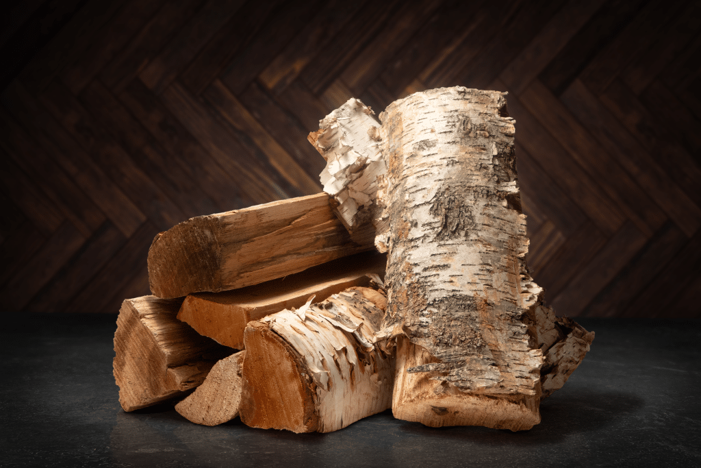 Kiln-dried Wisconsin birch firewood for sale, 16 inch splits showing pale wood and white peeling bark, stacked and ready to burn