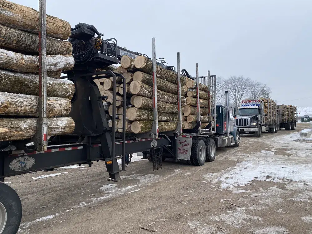 Wisconsin logging trucks delivering hardwood logs to Best Burn Firewood New Berlin facility