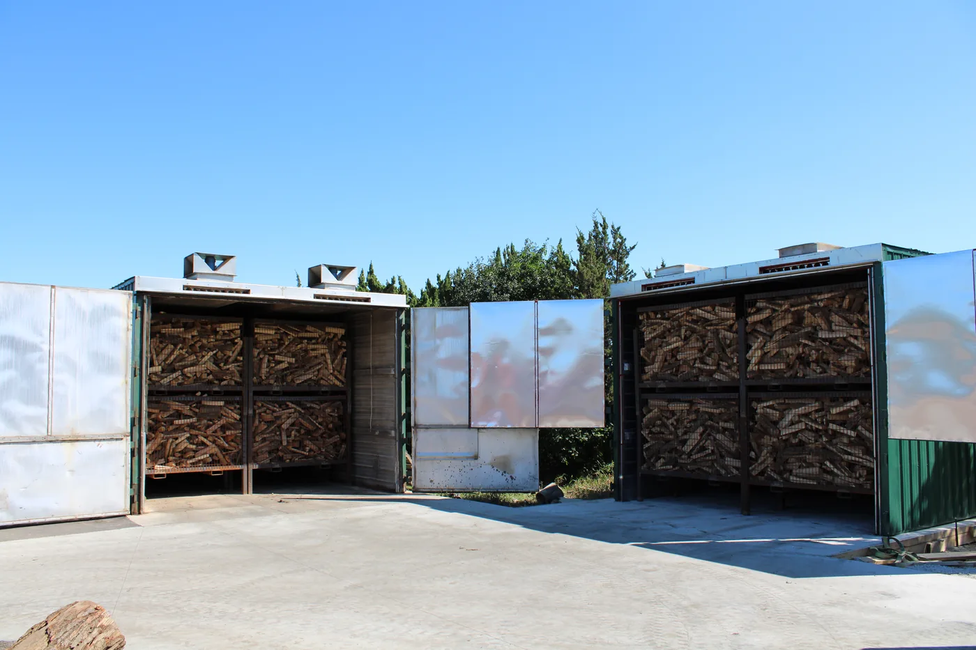 Commercial Kiln-Direct kilns loaded with firewood crates at Best Burn Firewood New Berlin Wisconsin
