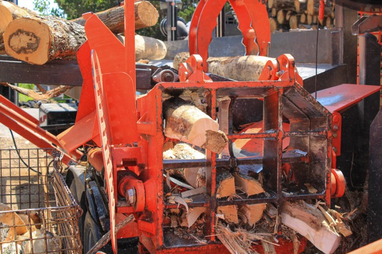 A sixteen way box wedge splitter producing square faced firewood splits at the Best Burn Firewood yard