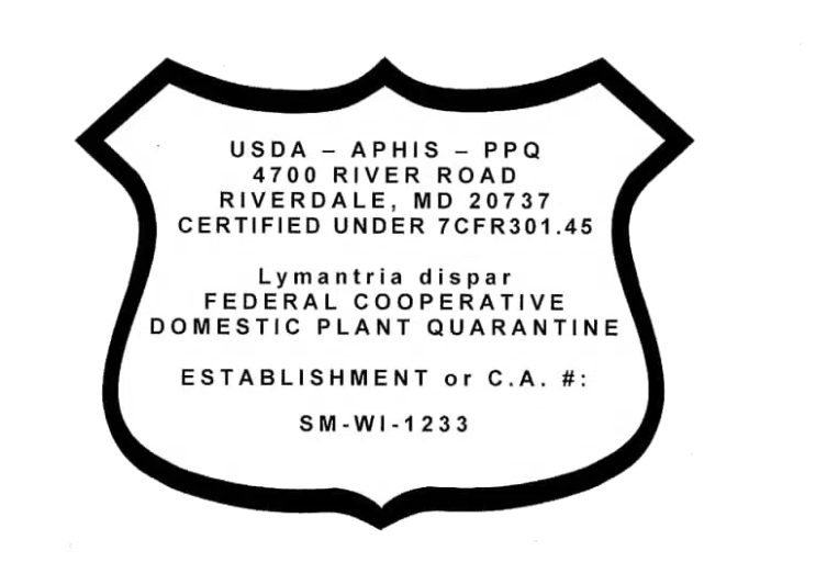 USDA APHIS PPQ shield printed on certified firewood labels, with the producer's compliance number at the bottom