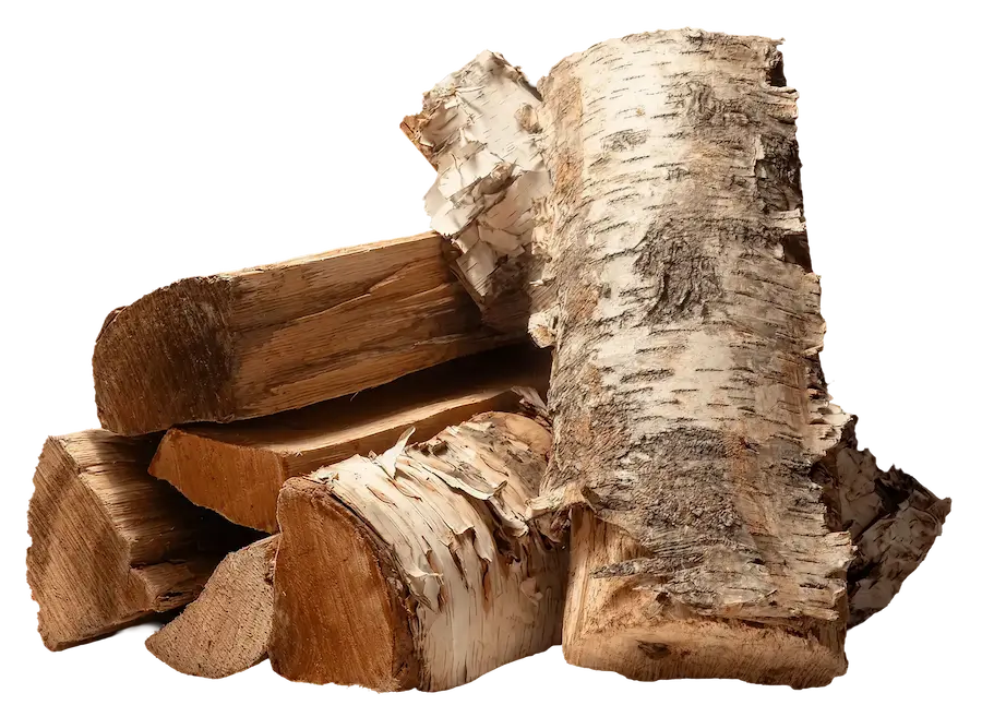 Kiln-dried birch firewood by the cord, pale splits with white bark dried to 15% moisture in Wisconsin